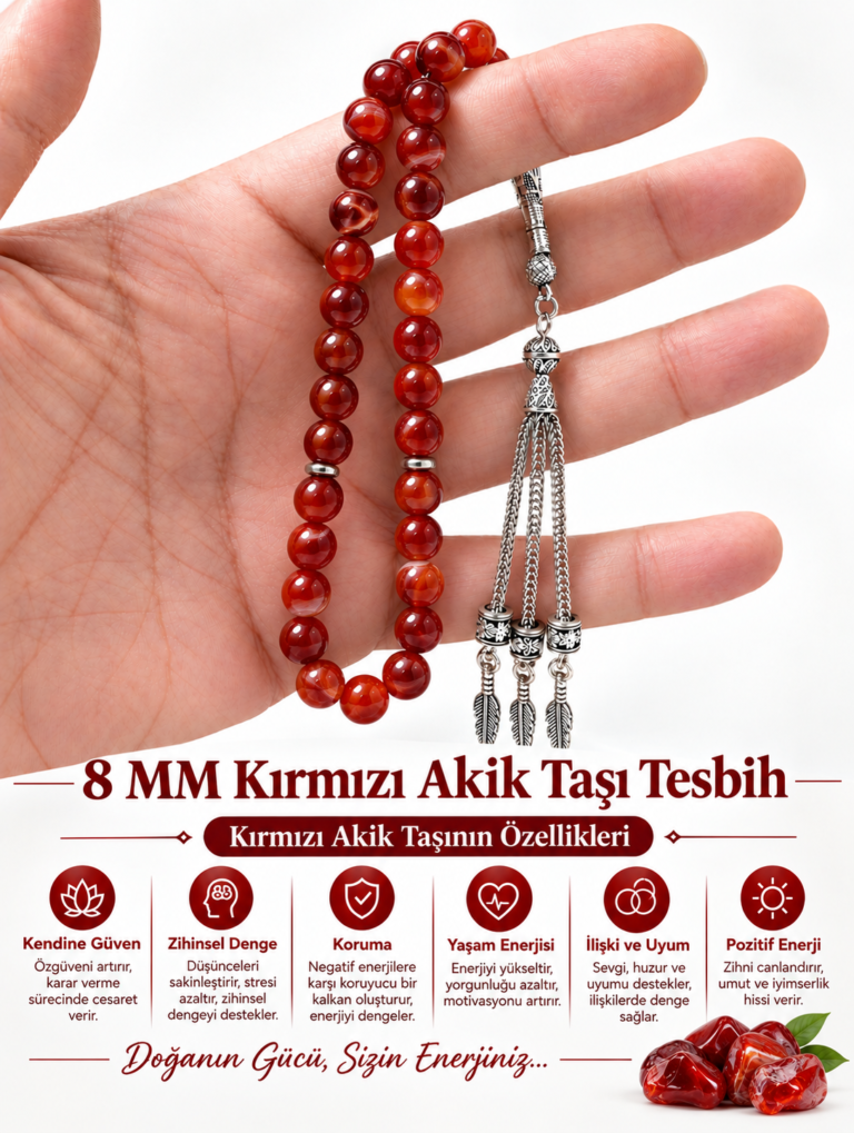 8 MM Doğaltaş Kırmızı Akik Tesbih