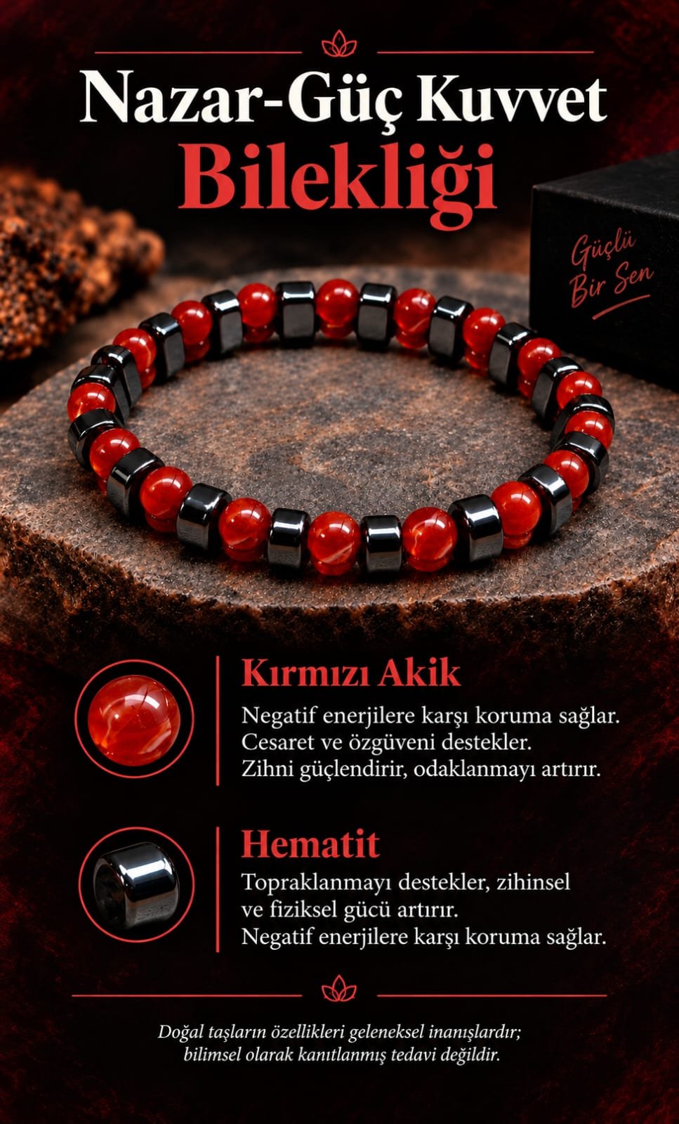 Kırmızı Akik ve Hematit Bileklik